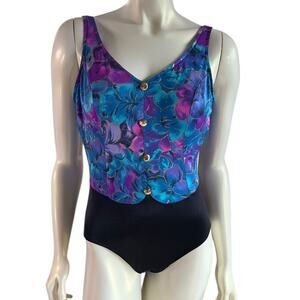 Vintage Jantzen Floral One Piece Swimsuit Size 14 Blue Purple